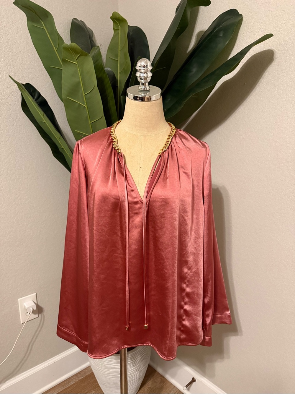 Michael Kors satin bell-sleeve chain-neck blouse Size L
